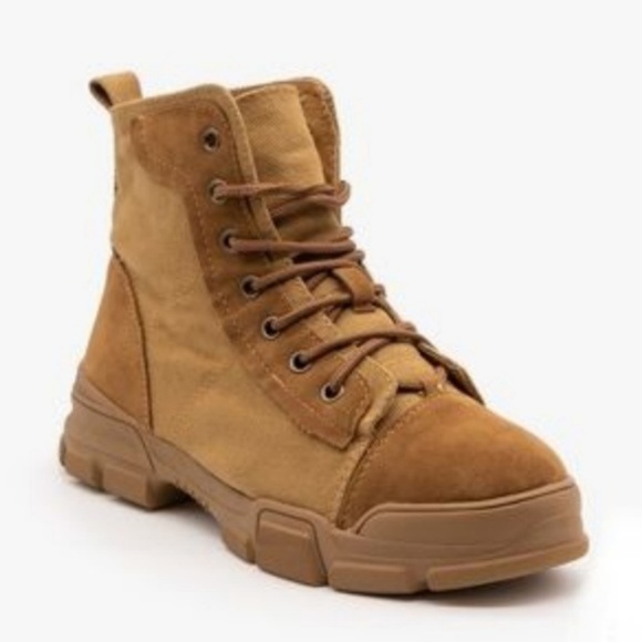 Shoes - Canvas & Faux Suede Combat Boots – Tan